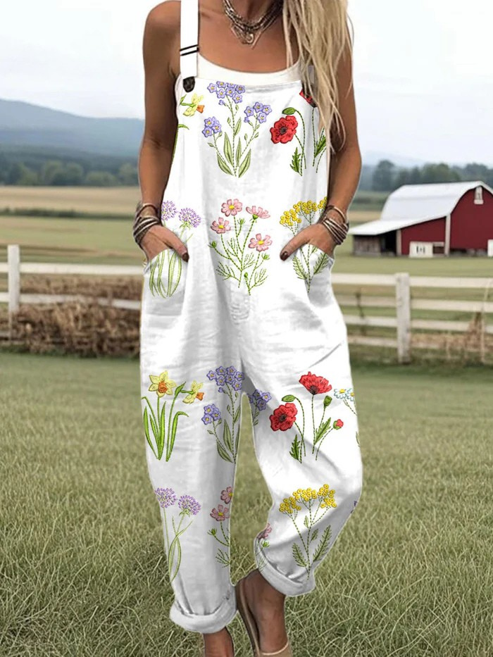VEYLINIA | Monokrom Blommig Jumpsuit Vintage V-Ringad