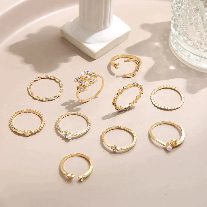 VEYLINIA | Set med 10 eleganta bohemiska ringar i silver och guldplätering