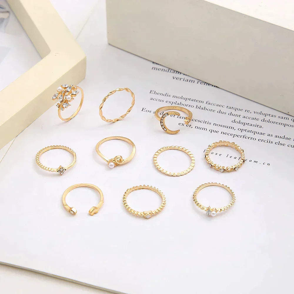 VEYLINIA | Set med 10 eleganta bohemiska ringar i silver och guldplätering