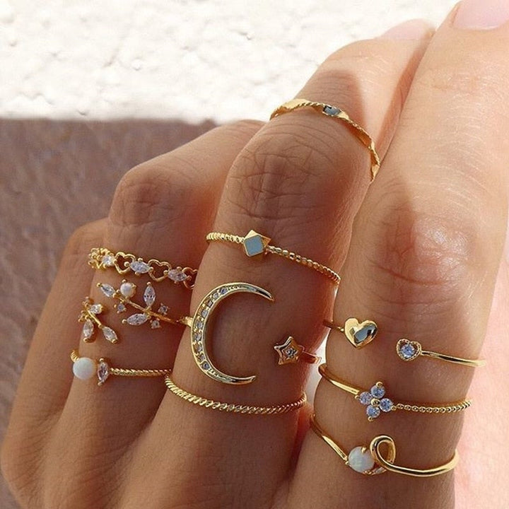 VEYLINIA | Set med 10 eleganta bohemiska ringar i silver och guldplätering